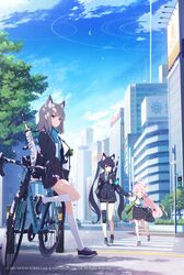  3girls =_= ahoge animal_ear_fluff animal_ears armband assault_rifle bag beretta_1301 beretta_ar70/90 bicycle black_bag black_hair blazer blue_archive blue_eyes blue_necktie blue_ribbon blue_scarf bread bread_slice cat_ears city closed_eyes cloud collared_shirt copyright_name cross_hair_ornament crosswalk doremi_(doremi4704) earrings extra_ears food food_in_mouth gloves grey_skirt gun hair_ornament hair_ribbon halo highres holding_hands hoshino_(blue_archive) hwansang id_card jacket jewelry kneehighs long_hair long_sleeves mismatched_pupils mouth_hold multiple_girls necktie official_art open_clothes open_jacket outdoors pedestrian_crossing_sign pink_hair plaid plaid_skirt red_eyes ribbon rifle safety_pin scarf school_bag school_uniform serika_(blue_archive) shiroko_(blue_archive) shirt shirt_tucked_in shoes short_hair shotgun sig_556 sig_sauer single_thighhigh skirt sky sneakers socks striped_clothes striped_scarf stud_earrings suitcase thighhighs toast toast_in_mouth tree twintails very_long_hair walking weapon white_shirt white_socks wolf_ears 