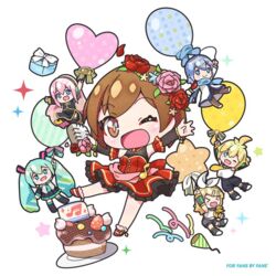  &gt;_&lt; 1boy 4girls aqua_eyes aqua_hair balloon black_shirt black_skirt blonde_hair blue_eyes blue_hair blue_scarf bow box brown_eyes brown_hair cake chibi closed_eyes coat commentary cream detached_sleeves dress floating flower food frilled_dress frills fruit fuusen_neko gift gift_box hair_flower hair_ornament hairbow hairclip hatsune_miku heart_balloon holding holding_balloon holding_microphone kagamine_len kagamine_rin kaito_(vocaloid) long_hair looking_at_viewer megurine_luka meiko_(vocaloid) microphone miniskirt multiple_girls musical_note musical_note_print neck_ribbon neckerchief necktie one_eye_closed open_mouth outstretched_arms party_popper pink_flower pink_hair pink_rose pleated_skirt red_dress red_flower red_rose ribbon rose scarf shirt short_hair shorts skirt sleeveless sleeveless_dress smile spiked_hair strawberry swept_bangs thighhighs twintails very_long_hair vocaloid white_background white_bow white_coat yellow_neckerchief yellow_necktie yellow_ribbon 