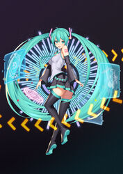  39 :d absurdres ahoge aqua_eyes aqua_hair aqua_necktie bare_shoulders black_background black_footwear black_skirt blush boots breasts commentary english_commentary female from_behind full_body grey_shirt hatsune_miku hatsune_miku_expo headset highres holographic_interface long_hair long_sleeves looking_at_viewer looking_back medium_breasts migu_(iws2525) miniskirt necktie number_tattoo open_mouth pleated_skirt shirt shoulder_tattoo simple_background skirt smile solo tattoo thigh_boots twintails very_long_hair vocaloid zettai_ryouiki 