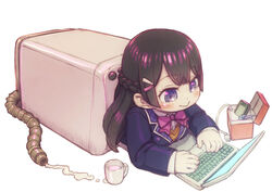  :&gt; black_hair blush bow bowtie braid cellphone chibi collared_shirt computer female feral_lemma fingernails french_braid from_side holding in_washing_machine jacket laptop long_hair long_sleeves nijisanji phone photoshop_(medium) pink_bow pink_bowtie purple_eyes purple_jacket shirt simple_background smartphone smile solo top-load_washing_machine tsukino_mito tsukino_mito_(1st_costume) vest virtual_youtuber washing_machine white_background white_shirt wing_collar 