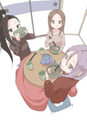  3girls absurdres black_eyes black_hair bowl brown_eyes brown_hair brown_shirt chopsticks closed_mouth commentary_request covered_mouth creator_connection crossover cup food hair_between_eyes high_ponytail highres holding holding_bowl holding_chopsticks indoors jaggy_lines karakai_jouzu_no_takagi-san kotatsu kunoichi_tsubaki_no_mune_no_uchi long_hair long_sleeves looking_at_viewer looking_back multiple_crossover multiple_girls official_art parted_bangs ponytail seiza shirt sitting smile soredemo_ayumu_wa_yosetekuru table takagi-san tsubaki_(kunoichi_tsubaki_no_mune_no_uchi) very_long_hair yamamoto_souichirou yaotome_urushi yunomi 