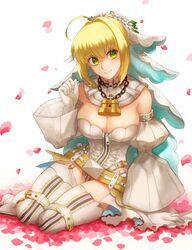  absurdres ahoge bad_id bad_pixiv_id bare_shoulders belt blonde_hair breasts chains cleavage detached_collar detached_sleeves elbow_gloves fate/extra fate/extra_ccc fate/grand_order fate_(series) female flower_wreath full-length_zipper gloves green_eyes hair_between_eyes hair_intakes head_wreath highleg highleg_leotard highres kankitsurui_(house_of_citrus) large_breasts leotard lock long_hair looking_at_viewer loose_belt nero_claudius_(bride)_(fate) nero_claudius_(bride)_(second_ascension)_(fate) nero_claudius_(fate) padlock petals puffy_sleeves smile solo thighhighs thighs veil white_gloves white_leotard white_thighhighs wide_sleeves zipper zipper_pull_tab 