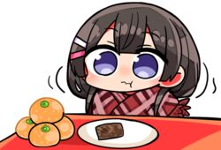  :t bad_id bad_twitter_id black_hair blue_eyes blush check_commentary chibi closed_mouth commentary_request eating enpera female food fringe_trim fruit hair_ornament hairclip inactive_account kanikama long_hair lowres mandarin_orange nijisanji plaid plaid_scarf plate red_scarf scarf simple_background solo tsukino_mito tsukino_mito_(6th_costume) upper_body virtual_youtuber wavy_mouth white_background 