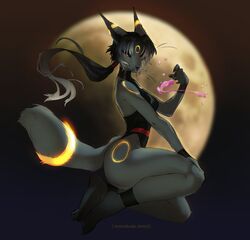  2020 absurd_res anthro anthrofied black_body black_hair breasts canid canine clothed clothing digital_media_(artwork) eeveelution female fingers fur generation_2_pokemon glowing glowing_eyes hair hi_res long_hair looking_at_viewer mammal momobeda moon nintendo pokemon pokemon_(species) pokemorph red_eyes solo umbreon 