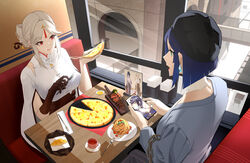  2girls absurdres black_headwear blue_shirt brown_gloves cellphone_photo clothing_cutout cms_(fei_ju_sang) earrings eating food genshin_impact gloves highres holding holding_phone jewelry long_sleeves multiple_girls ningguang_(genshin_impact) ningguang_(pizza_hut)_(genshin_impact) official_alternate_costume pasta phone pizza red_eyes restaurant shirt shoulder_cutout single_glove spaghetti yelan_(genshin_impact) yelan_(pizza_hut)_(genshin_impact) 