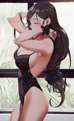  armpits arms_up bare_arms bare_shoulders black_hair black_leotard breasts cleavage closed_eyes covered_mouth cowboy_shot curvy female final_fantasy final_fantasy_vii from_side highleg highleg_leotard highres large_breasts leotard lingerie long_hair profile salmon88 solo spaghetti_strap teddy_(lingerie) thighs tifa_lockhart underwear underwear_only very_long_hair 