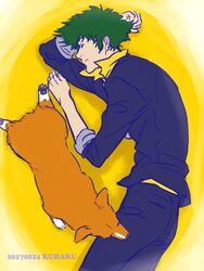  3:4 canid canine canis closed_eyes cowboy_bebop domestic_dog duo ein_(cowboy_bebop) formal green_hair hair herding_dog human male mammal mouth_closed pastoral_dog sleeping spike_spiegel welsh_corgi 