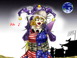  aged_up american_flag american_flag_legwear american_flag_print american_flag_shirt architecture arrow_(symbol) blonde_hair breasts c4 clownpiece commentary_request cowboy_shot earth_(planet) east_asian_architecture eighth_note english_text explosive eyes_visible_through_hair fairy_wings female flag_print gloves grenade grenade_pin hair_between_eyes hat jester_cap large_breasts long_hair looking_up makeup music musical_note neck_ruff open_mouth orange_eyes pen pen-pineapple-apple-pen planet pointy_ears polka_dot polka_dot_headwear print_shirt purple_gloves purple_hat ryuuichi_(f_dragon) sharp_teeth shirt singing sky solo star-shaped_pupils star_(sky) star_(symbol) star_print starry_sky suicide_bomb symbol-shaped_pupils teeth terrorism touhou wings 