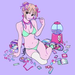  aqua_bikini aqua_nails aqua_socks bikini black_eyes blonde_hair candy candy_wrapper chewing_gum double_bun eating female flat_color food gumball gumball_machine hair_bun hair_ribbon high_contrast highres jelly_bean looking_at_viewer neon_palette original panties pink_ribbon purple_background purple_ribbon purple_theme ribbon short_hair side-tie_panties sidelocks simple_background single_thighhigh sitting snack socks solo sweets swimsuit tarou2 thighhighs too_many underwear white_thighhighs yokozuwari 