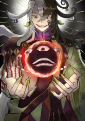  1boy absurdres akimitsu-dono ashiya_douman_(fate) asymmetrical_clothes asymmetrical_hair bell black_eyes black_hair curly_hair earrings extra_eyes fangs fate/grand_order fate_(series) fingernails green_kimono green_nails gyamu_(chewing-gum) hadanugi_dousa hair_bell hair_between_eyes hair_intakes hair_ornament highres japanese_clothes jewelry kimono lipstick long_hair magatama magatama_earrings makeup male_focus multicolored_hair noble_phantasm_(fate) onmyouji open_clothes open_hands open_kimono ribbed_sleeves sharp_fingernails solo split-color_hair toned toned_male two-tone_hair upper_body very_long_fingernails very_long_hair white_hair 