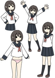  black_eyes black_legwear brown_hair commentary_request female flat_color highres juukyuu kneehighs limited_palette multiple_views no_pants original panties pink_panties school_uniform serafuku short_hair socks solid_circle_eyes underwear white_background 