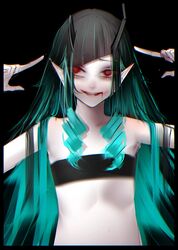  bad_id bad_twitter_id bandeau black_background black_border black_hair blood blood_from_mouth blue_hair border demon_girl demon_horns doryudory dutch_angle female flat_chest highres horns long_hair looking_at_viewer multicolored_hair nanashi_inc. oerba_yun_fang open_mouth pointing pointing_at_self pointy_ears red_eyes shishio_chris simple_background smile solo sugar_lyric two-tone_hair virtual_youtuber 