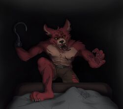  5_fingers abs alternate_species anthro bed belt black_nose bodily_fluids bottomwear brown_bottomwear brown_clothing canid canine claws clothed clothing dripping fingers five_nights_at_freddy&#039;s five_nights_at_freddy&#039;s_4 fox fur furniture furrification hi_res hook hook_hand inkart_flow looking_at_viewer male mammal nightmare_foxy_(fnaf) nipples open_mouth pawpads rape_face red_body red_fur saliva scar scottgames sharp_teeth solo step_pose teeth toe_claws tongue tongue_out topless torn_clothing 