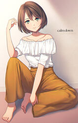  against_wall barefoot brown_hair closed_mouth commentary_request english_text fal_(fal-se-0) female full_body green_eyes highres indoors looking_at_viewer mixed-language_commentary off-shoulder_shirt off_shoulder orange_pants original pants shirt short_hair short_sleeves sitting smile solo white_shirt 