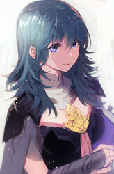  armor blue_eyes blue_hair byleth_(female)_(fire_emblem) byleth_(fire_emblem) chachie closed_mouth commentary_request female fire_emblem fire_emblem:_three_houses highres medium_hair simple_background solo upper_body white_background 