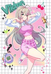  absurdres ahoge breasts character_name closed_mouth collared_shirt female green_eyes grey_hair hands_up highres knee_up long_hair looking_at_viewer medium_breasts minj_kim navel pink_skirt shirt skirt smile solo viichan virtual_youtuber waktaverse white_footwear white_shirt 