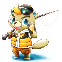  1:1 animal_crossing anthro beaver blonde_hair buckteeth c.j._(animal_crossing) cellphone chibi clothing electronics eyewear fishing_rod freckles hair hat headgear headwear kinakomochi male mammal nintendo phone rodent selfie smartphone solo sunglasses teeth 