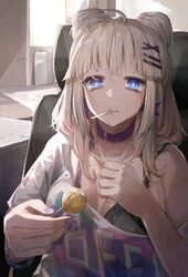  aa-12_(girls&#039;_frontline) aa-12_(smokeless_lollipop)_(girls&#039;_frontline) ahoge bags_under_eyes blue_eyes blush breasts bright_pupils brown_hair candy chair choker cleavage closed_mouth clothes_writing collarbone commentary cone_hair_bun double_bun earrings female food food_in_mouth girls&#039;_frontline hair_bun hand_on_own_chest highres indoors jewelry lollipop long_hair looking_at_viewer medium_breasts miyabino_(miyabi1616) mouth_hold nail_polish off_shoulder purple_choker purple_nails short_sleeves sidelocks single_bare_shoulder solo star_(symbol) star_earrings upper_body wristband 