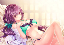  bed bikini blush breasts fate/grand_order fate_(series) female green_bikini hair_ornament hair_scrunchie hair_spread_out indoors jacket large_breasts lying navel nogi_takayoshi on_back open_mouth pillow ponytail purple_hair red_eyes scathach_(fate) scathach_skadi_(fate) scathach_skadi_(swimsuit_ruler)_(fate) scathach_skadi_(swimsuit_ruler)_(final_ascension)_(fate) scrunchie see-through swimsuit two-tone_bikini 