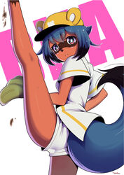  animal_ears ass baseball baseball_mitt baseball_uniform blue_hair body_fur brand_new_animal fake_animal_ears female furry furry_female hat highres kagemori_michiru leg_up legs number10_(hagakure) photoshop_(medium) pitching playing_sports raccoon_ears raccoon_girl raccoon_tail red_eyes shirt short_hair short_shorts shorts solo sportswear tail thighs white_shirt yellow_hat 