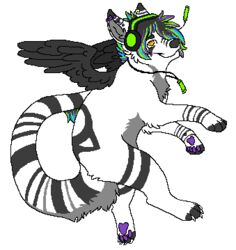  2012 aliasing alpha_channel alternative_fashion ambiguous_gender black_body black_feathers black_fur black_hair black_nose black_wings blue_highlights canid canine claws digital_drawing_(artwork) digital_media_(artwork) digitigrade ear_piercing electronics feathered_wings feathers feral feral_with_hair flat_colors full-length_portrait fur glowstick glowstick_necklace green_headphones green_highlights grey_body grey_fur grey_inner_ear hair hair_over_eye headphones highlights_(coloring) jewelry looking_at_viewer low_res mammal microsoft_paint_(artwork) necklace one_eye_obstructed pawpads paws piercing portrait purple_background purple_highlights purple_pawpads scene_(fashion) sebdoggo simple_background smile snout solo tail transparent_background white_body white_claws white_fur wings yellow_eyes 