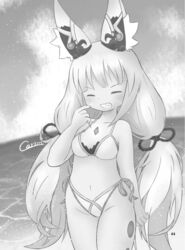  animal_ears bikini breasts chest_jewel facial_mark female greyscale gurumin_(gurruguru) highres long_hair low_twintails medium_breasts monochrome nia_(blade)_(xenoblade) nia_(xenoblade) ocean solo spoilers swimsuit twintails very_long_hair xenoblade_chronicles_(series) xenoblade_chronicles_2 