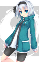  bike_shorts black_hairband black_ribbon black_shorts blue_eyes blue_jacket closed_mouth commentary drawstring female grey_background hair_ribbon hairband highres jacket konpaku_youmu long_sleeves looking_at_viewer open_clothes open_jacket ribbon shirt short_shorts shorts sleeves_past_wrists smile solo touhou two-tone_background uumaru white_background white_hair white_shirt 