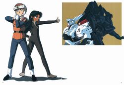  1990s_(style) 1boy artist_request ass assault_visor av-98_ingram badrinath_harchand black_hair blue_eyes bodysuit brown_hair collared_shirt dark-skinned_male dark_skin female full_body gloves green_visor helmet highres izumi_noa kidou_keisatsu_patlabor long_hair magazine_scan mecha necktie official_art promotional_art red_visor retro_artstyle robot scan shirt short_hair smile thumbs_up type_j-9_griffon uniform vest white_background white_gloves white_shirt 