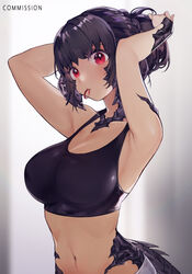  armpits au_ra bad_id bad_twitter_id bare_arms bare_shoulders black_horns black_scales black_shirt black_tail breasts collarbone commentary commission crop_top dragon_girl dragon_horns dragon_tail english_commentary female final_fantasy final_fantasy_xiv hair_tie_in_mouth horns large_breasts looking_at_viewer mouth_hold navel red_eyes rirene_rn scales shirt short_hair solo tail upper_body warrior_of_light_(ff14) 