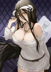  albedo_(overlord) banned_artist bare_shoulders black_hair black_nails bra_strap breasts cleavage collarbone cowboy_shot dress female hair_between_eyes hand_up horns kyoeiki large_breasts long_hair long_sleeves looking_at_viewer nail_polish off-shoulder_dress off-shoulder_sweater off_shoulder overlord_(maruyama) short_dress solo standing sweater sweater_dress very_long_hair white_dress white_sweater yellow_eyes 