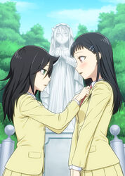  2girls adjusting_another&#039;s_clothes adjusting_clothes adjusting_necktie bags_under_eyes black_hair blazer blue_sky blush brown_eyes buttons cloud collared_shirt commentary_request day dressing_another from_side green_eyes hair_ornament hairclip highres hirasawa_shizuku ichikawa_masahiro jacket kuroki_tomoko long_hair long_sleeves looking_at_another looking_down maria-sama_ga_miteru multiple_girls necktie open_mouth outdoors pleated_skirt purple_necktie red_necktie scene_reference school_uniform shirt skirt sky smile standing statue textless_version tree upper_body watashi_ga_motenai_no_wa_dou_kangaetemo_omaera_ga_warui! white_shirt yellow_jacket yellow_skirt your_tie_is_crooked 