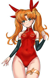  absurdres aqua_eyes ass_visible_through_thighs bare_shoulders blush bow breasts closed_mouth commentary_request covered_navel female gold_trim hairbow highleg highleg_leotard highres korean_commentary langrisser langrisser_iii leotard long_hair looking_at_viewer mhg_(hellma) orange_hair red_leotard simple_background sleeveless small_breasts smile solo thigh_strap thighs tiaris_(langrisser) turtleneck twintails white_background 