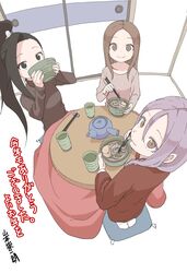  3girls absurdres black_eyes black_hair bowl brown_eyes brown_hair brown_shirt chopsticks closed_mouth covered_mouth creator_connection crossover cup food hair_between_eyes high_ponytail highres holding holding_bowl holding_chopsticks indoors karakai_jouzu_no_takagi-san kotatsu kunoichi_tsubaki_no_mune_no_uchi long_hair long_sleeves looking_at_viewer looking_back multiple_crossover multiple_girls official_art parted_bangs ponytail seiza shirt sitting smile soredemo_ayumu_wa_yosetekuru table takagi-san translation_request tsubaki_(kunoichi_tsubaki_no_mune_no_uchi) very_long_hair yamamoto_souichirou yaotome_urushi yunomi 