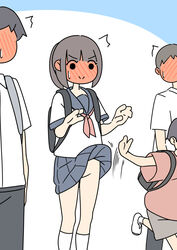  3boys :&gt; backpack bag black_eyes blush brown_hair clothes_lift commentary faceless faceless_male female flat_color full-face_blush juukyuu lifting_another&#039;s_clothes limited_palette multiple_boys no_panties original ponytail running school_uniform serafuku skirt skirt_lift solid_circle_eyes sweatdrop 