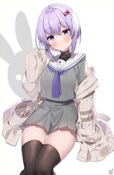  a.i._voice black_thighhighs blush cardigan closed_mouth commentary feet_out_of_frame female grey_shirt grey_skirt hair_between_eyes hair_ornament hairclip hand_up head_tilt long_sleeves looking_at_viewer neckerchief off_shoulder omuretsu open_cardigan open_clothes purple_eyes purple_hair purple_neckerchief sailor_collar school_uniform serafuku shirt short_hair signature simple_background sitting skirt sleeves_past_fingers sleeves_past_wrists solo thighhighs vocaloid voiceroid white_background white_cardigan white_sailor_collar yuzuki_yukari yuzuki_yukari_(shizuku) 