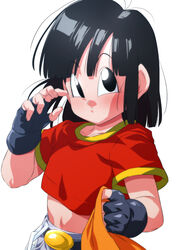  bandana belt black_eyes black_gloves black_hair closed_mouth dragon_ball dragon_ball_gt female fingerless_gloves gloves medium_hair midriff navel pan_(dragon_ball) pants red_shirt rom_(20) shirt simple_background solo t-shirt unworn_bandana upper_body white_background 