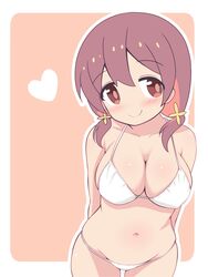  arms_behind_back bare_arms bare_shoulders bikini blush border breasts brown_eyes brown_hair cleavage collarbone commentary cowboy_shot female groin hair_between_eyes heart highres large_breasts long_hair looking_at_viewer low_twintails multicolored_hair murosaki_miyo navel onii-chan_wa_oshimai! orange_background outline outside_border red_hair simple_background smile solo stomach string_bikini swimsuit twintails two-tone_hair unkimo white_bikini white_border white_outline 