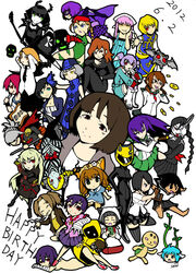  6+girls absurdres bioshock_(series) bioshock_infinite black_hair black_necktie black_skirt blonde_hair blue_gloves blue_hair blush_stickers bow braid brown_eyes brown_hair cammy_white celty_sturluson character_request closed_eyes copyright_request danganronpa_(series) durarara!! elizabeth_(bioshock_infinite) elizabeth_(persona) fukawa_toko genocider_shou gloves green_eyes grey_hair guitar happy_birthday highres hit-girl holding holding_microphone holding_scissors instrument kick-ass light_blue_hair microphone multiple_girls necktie open_mouth persona pink_hair purple_hair purple_skirt red_bow red_eyes sailor_collar samidare_satsuki sawashiro_miyuki school_uniform scissors skirt street_fighter voice_actor_connection yellow_eyes 