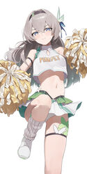  absurdres alternate_costume arm_strap baggy_socks berserker_r black_hairband breasts bug character_name cheering cheerleader closed_mouth crop_top cropped_shirt female firefly firefly_(honkai:_star_rail) foot_out_of_frame grey_hair hairband highres holding holding_pom_poms honkai:_star_rail honkai_(series) knee_up light_blush long_hair medium_breasts midriff miniskirt navel panties pom_pom_(cheerleading) purple_eyes shirt simple_background skirt sleeveless sleeveless_shirt small_sweatdrop solo standing standing_on_one_leg stomach thigh_strap thighs underwear white_background white_footwear white_panties white_shirt white_skirt yellow_pom_poms 