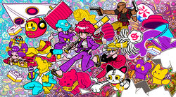  2boys 4girls barefoot bear black_gloves black_shirt blonde_hair blue_hair braid dark-skinned_male dark_skin daruma_doll delinquent disco_ball disco_ball_hair_ornament flower food fox furry furry_male gloves hachimitsu_(hachimitsu_eight) horns japanese_clothes kimono lantern lego maneki-neko midriff muffin multiple_boys multiple_girls navel one_eye_closed original pants paper_lantern pleated_skirt purple_pants purple_shirt purple_skirt raccoon red_hair sandals sheep_horns shirt short_hair skirt toy_hammer twintails wolf_boy yellow_eyes 