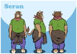  2023 3_fingers anthro bandana barefoot beard blue_bottomwear blue_clothing blue_pants border bottomwear bovid bovine brown_clothing brown_eyebrows brown_hair brown_sweater brown_tail brown_tail_tuft brown_topwear cattle clothing coldgemini colored curved_horn digital_media_(artwork) eyebrows eyewear facial_hair feet fingers front_view glasses green_clothing green_shirt green_t-shirt green_topwear hair hi_res hooved_fingers hooves horn kerchief male mammal model_sheet overweight overweight_anthro overweight_male pants pink_bandanna pink_kerchief rear_view rectangular_glasses seran_(twinkieguy) shirt short_hair short_horn side_view simple_background small_horn solo standing sweater sweater_around_waist t-shirt tail tail_tuft text topwear tuft white_border white_hooves 