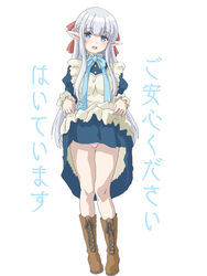  apron blue_dress blue_eyes blue_ribbon blush breasts brown_footwear clothes_lift collar cross-laced_footwear dress dress_lift elf female full_body hair_ribbon hal-py large_ribbon lifting_own_clothes long_hair maid_apron maou_no_ore_ga_dorei_elf_wo_yome_ni_shitanda_ga_dou_medereba_ii? medium_breasts metal_collar neck_ribbon nephelia open_mouth panties panty_peek pink_panties pointy_ears red_ribbon ribbon simple_background smile solo underwear very_long_hair white_apron white_background white_hair 