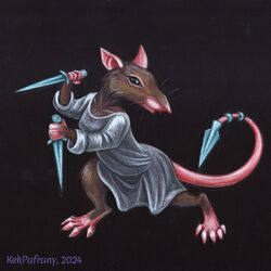  1:1 2024 5_toes anthro barefoot biped black_background brown_body brown_fur clothed clothing feet fur hi_res holding_knife holding_object holding_weapon kekpafrany knife mammal murid murine rat rodent simple_background solo toes traditional_media_(artwork) weapon whiskers 