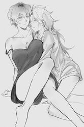  2girls absurdres blush breasts cleavage collarbone commentary_request dress genderswap_(mtf) greyscale hair_intakes hatsutori_hajime highres korean_commentary large_breasts long_hair long_sleeves monochrome multiple_girls open_mouth rule_63 saibou_shinkyoku short_hair simple_background sitting sleeveless sleeveless_dress smile strap_slip sweat temu_(temp_mumu) utsugi_noriyuki white_background yuri 