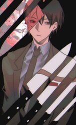  1boy black_jacket black_necktie brown_eyes brown_hair chromatic_aberration closed_mouth collared_shirt commentary_request film_grain grey_shirt hair_between_eyes highres jabuchi_you jacket korean_commentary long_sleeves male_focus necktie open_clothes open_jacket parted_lips saibou_shinkyoku shirt short_hair solo split_theme temu_(temp_mumu) upper_body 