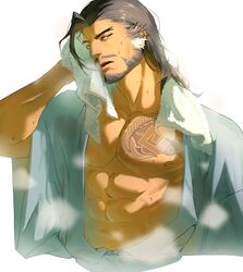  1boy ahoge bara bare_pectorals beard black_hair cropped_torso facial_hair full_beard hair_down hanzo_(overwatch) head_tilt highres japanese_clothes kimono large_pectorals long_hair looking_at_viewer male_focus mature_male moustache muscular muscular_male open_clothes open_kimono overwatch pectorals pencil_mustache ponytail solo steam titanium886 towel tsurime wet wiping_face 