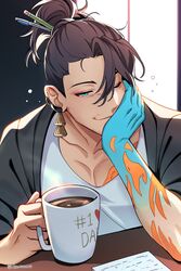  1boy absurdres aqua_eyes arm_tattoo beard_stubble black_hair black_jacket blue_skin chest_tattoo coffee_mug collarbone colored_skin cup earrings english_commentary facial_hair gradient_skin hair_between_eyes half-closed_eye highres hiropon_(owo_hiropon) holding holding_cup holostars holostars_english jacket jewelry josuiji_shinri long_hair looking_at_viewer male_focus mature_male mug muscular muscular_male one_eye_closed open_clothes open_jacket pectoral_cleavage pectorals pen_in_hair sleepy smile solo steam stubble table tank_top tassel tassel_earrings tattoo topknot twitter_username upper_body white_tank_top 