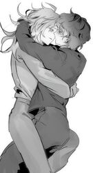  2boys ahoge blush commentary_request greyscale hatsutori_hajime highres hug korean_commentary long_hair long_sleeves male_focus monochrome multiple_boys pants parted_lips saibou_shinkyoku shirt short_hair simple_background temu_(temp_mumu) utsugi_noriyuki white_background yaoi 