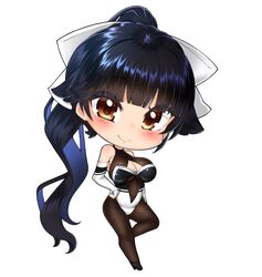  aruto_(shake_onigiri) azur_lane bare_shoulders black_hair black_pantyhose bodystocking bow breasts brown_eyes chibi cleavage cleavage_cutout clothing_cutout elbow_gloves female gloves hair_ears hair_flaps highres large_breasts long_hair looking_at_viewer multicolored_leotard navel_cutout official_alternate_costume pantyhose ponytail race_queen simple_background smile solo takao_(azur_lane) takao_(full_throttle_charmer)_(azur_lane) taut_bodystocking two-tone_leotard white_background white_bow white_gloves 