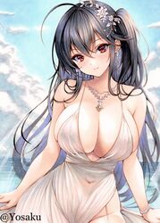  ahoge azur_lane bare_shoulders black_hair blush breasts cleavage collarbone crossed_bangs dress female hair_between_eyes hair_ornament highres huge_breasts large_breasts long_hair looking_at_viewer marker_(medium) red_eyes smile solo taihou_(azur_lane) traditional_media very_long_hair yosaku_vs_hina 